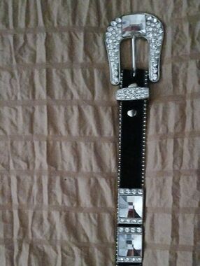 B.B. Simon Cream Leather Belt with Silver Crystal Edge